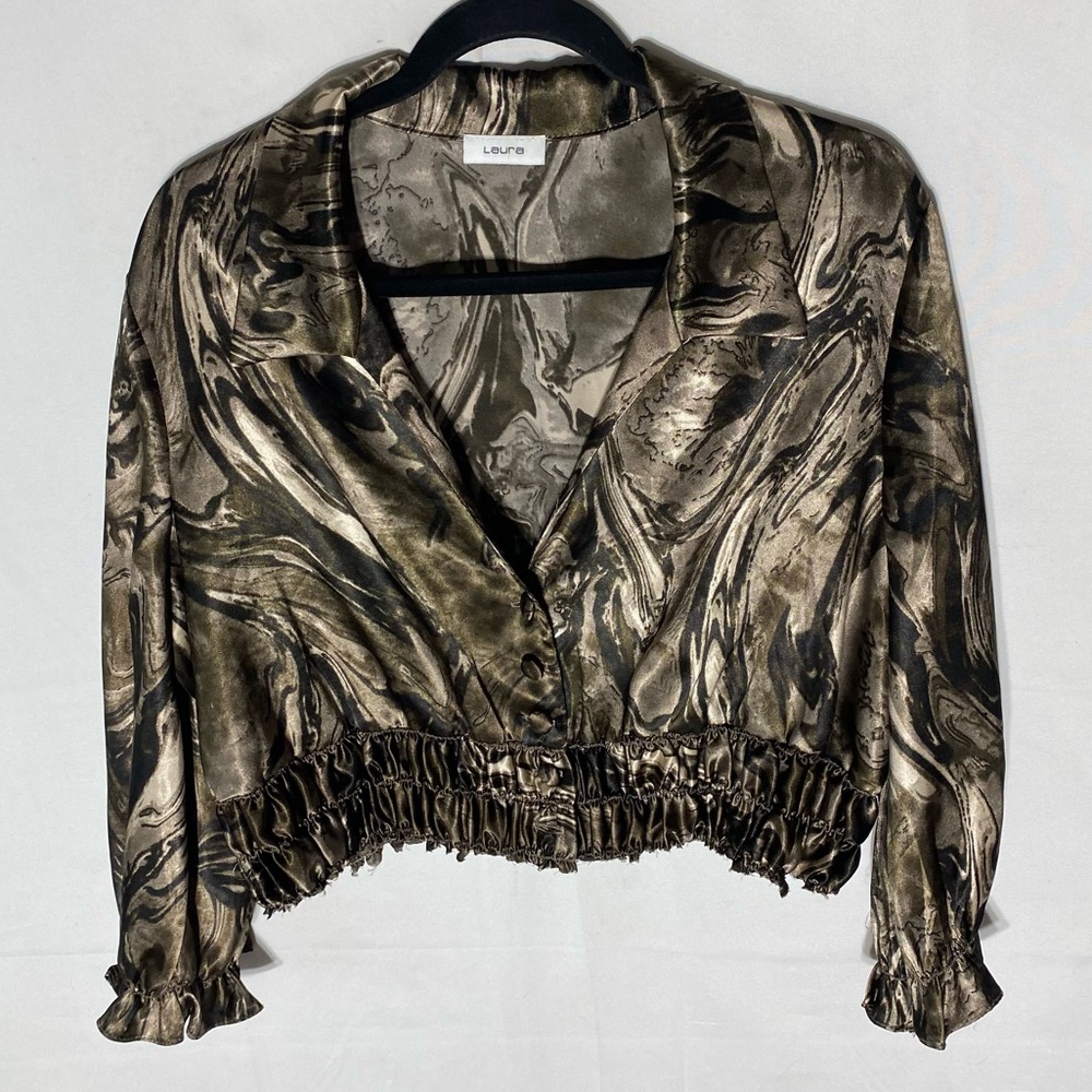 Vintage Y2K Laura Brown Tan Swirl Print Deep V Neck Cropped Blouse L